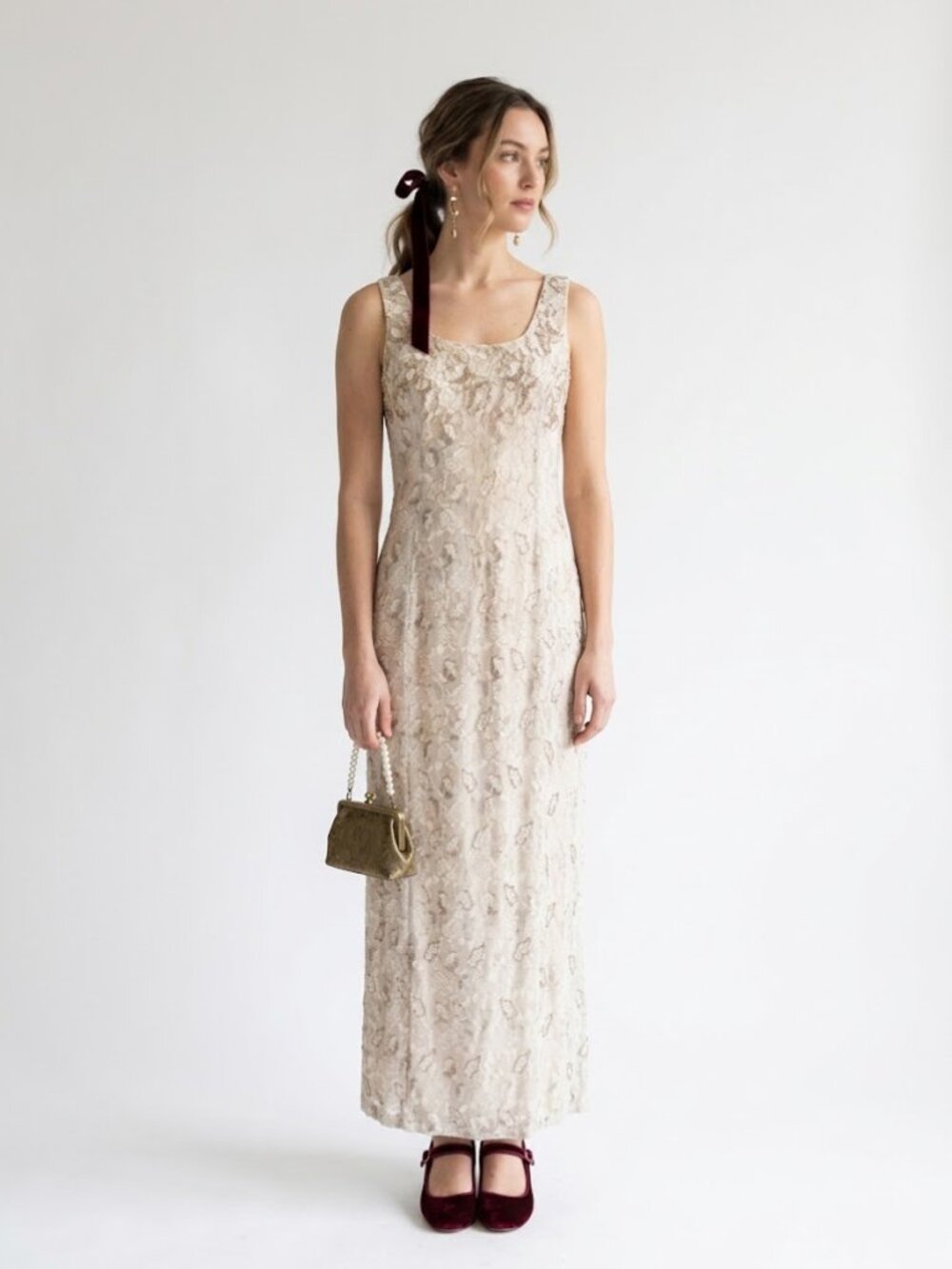 Vintage Y2K Rimini by Shaw Embellished Lace Maxi Gown Ivory Size 6